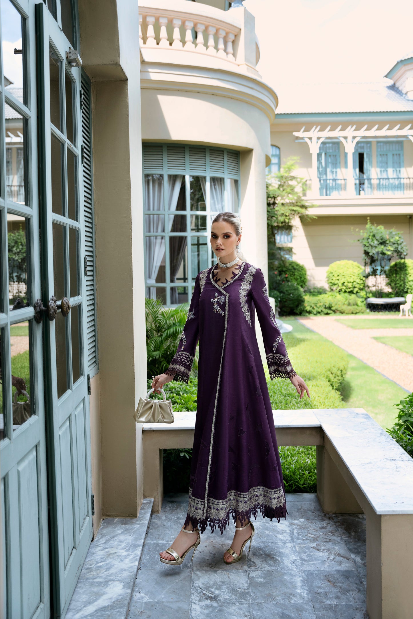 Model wearing Jamini from Mysie by Tahira, a purple embellished dress with a modern silhouette, perfect for Pakistani luxury pret in the UK.