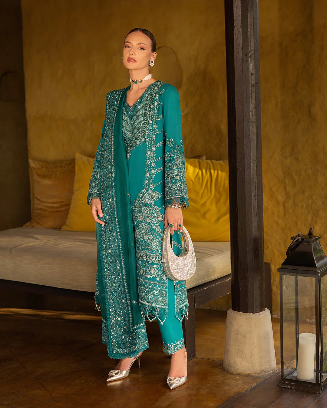 Model wearing teal Calla dress from Faiza Saqlain Zinnia collection, Pakistani Luxury pret, Faiza Saqlain Pakistani clothes online in UK.