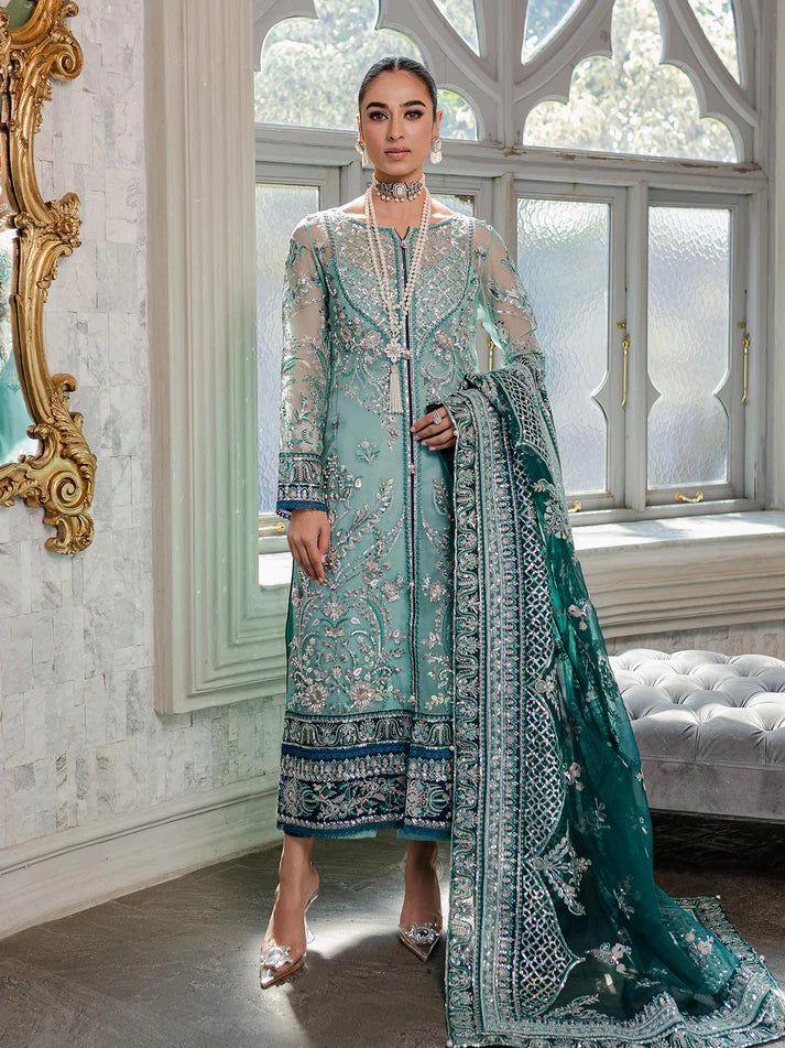 Model wearing sea green Milica outfit from Gulaal—Pakistani luxury pret with intricate embroidery, shop Pakistani clothes online in UK.