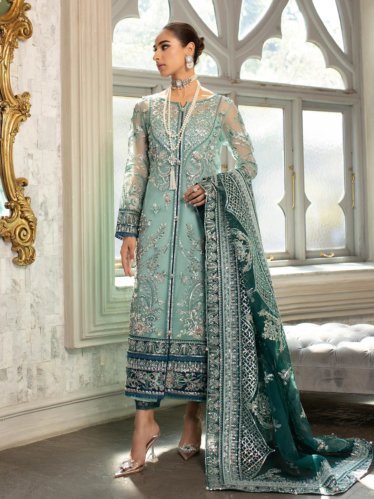 Model wearing sea green Milica outfit from Gulaal—Pakistani luxury pret with intricate embroidery, shop Pakistani clothes online in UK.
