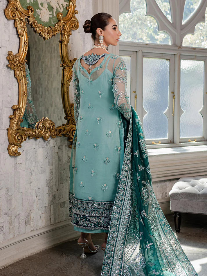 Model wearing sea green Milica outfit from Gulaal—Pakistani luxury pret with intricate embroidery, shop Pakistani clothes online in UK.