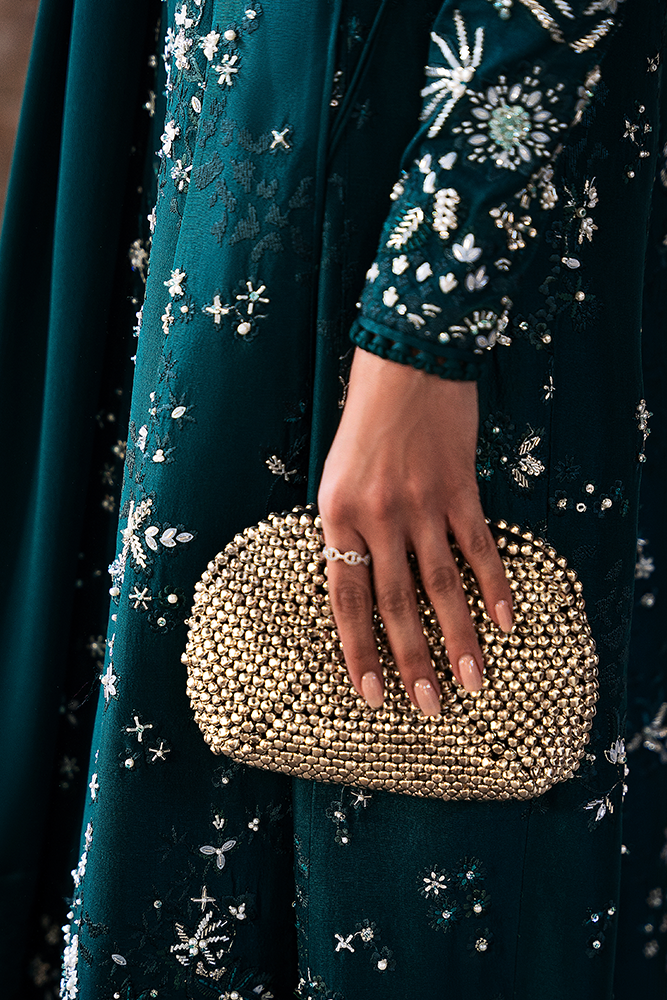 Model wearing SOLARA, close-up detail, a Pakistani designer outfit by Suffuse, available online in the UK.