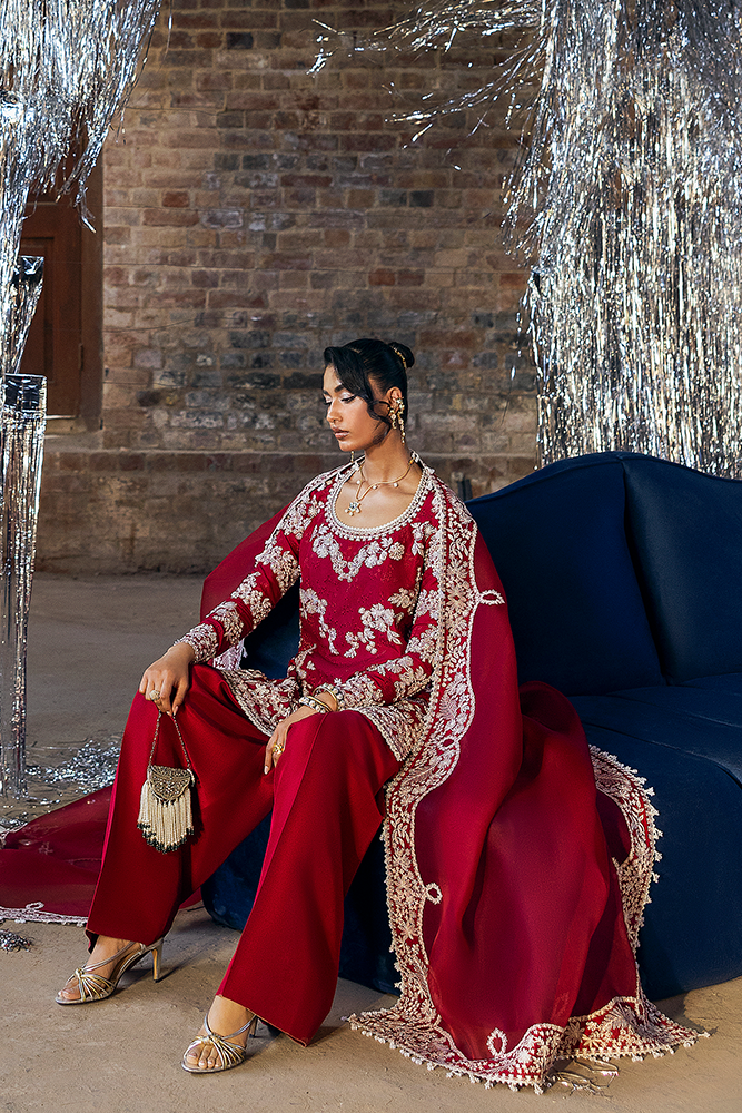 Model wearing SERI, close-up detail, a Pakistani designer outfit by Suffuse, available online in the UK.