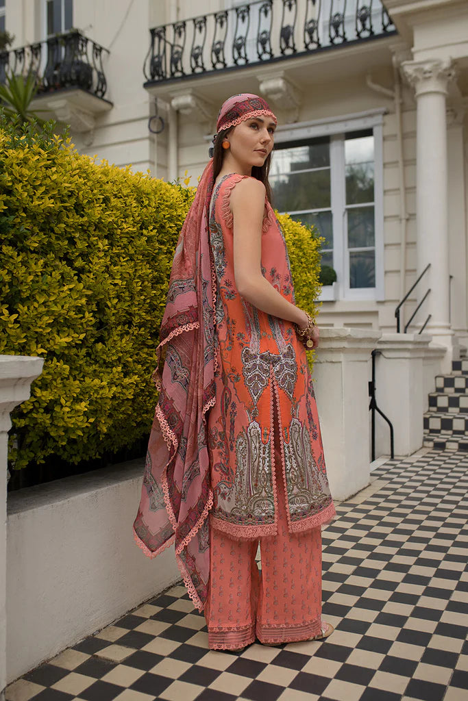 Model wearing peach-orange printed Sobia Nazir Design 4A from SN Basics '25, Pakistani luxury pret, available online in UK for Eid wear.