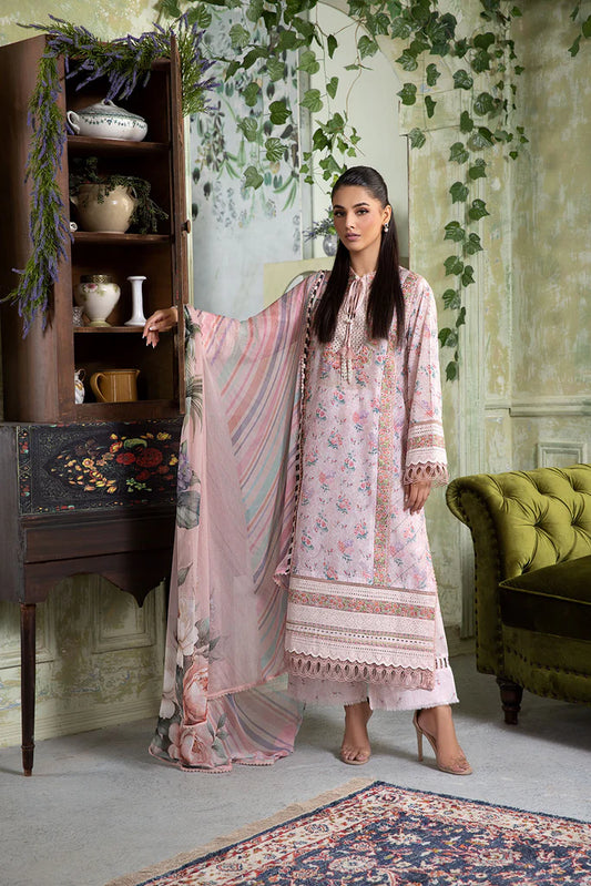 Model wearing pastel pink floral Design 4A from Sobia Nazir Vital '25 Vol. 2, Pakistani luxury pret and Pakistani clothes online in UK.