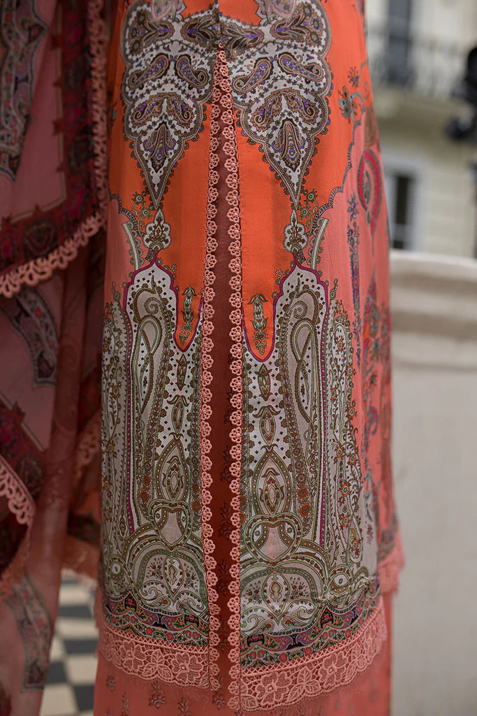 Model wearing peach-orange printed Sobia Nazir Design 4A from SN Basics '25, Pakistani luxury pret, available online in UK for Eid wear.