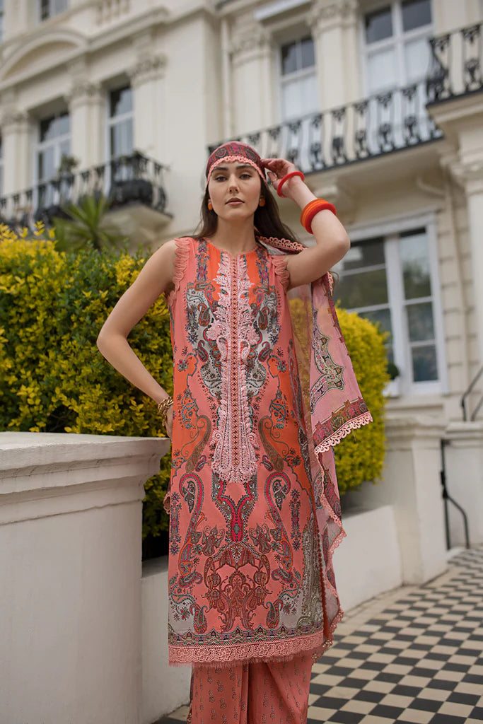Model wearing peach-orange printed Sobia Nazir Design 4A from SN Basics '25, Pakistani luxury pret, available online in UK for Eid wear.