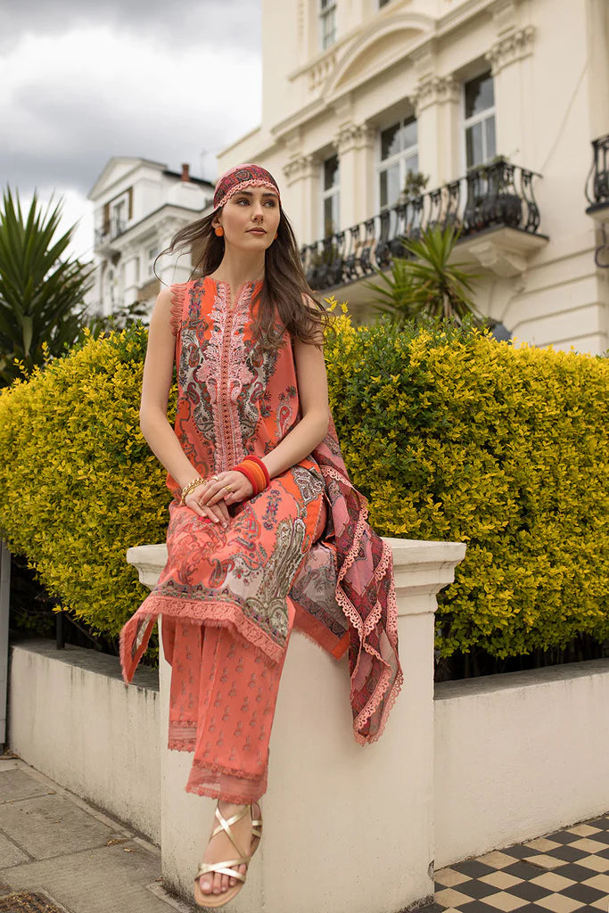 Model wearing peach-orange printed Sobia Nazir Design 4A from SN Basics '25, Pakistani luxury pret, available online in UK for Eid wear.