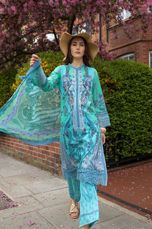 Model wearing aqua blue Sobia Nazir Design 4B from SN Basics '25, Pakistani luxury pret outfit, shop Pakistani clothes online in UK.