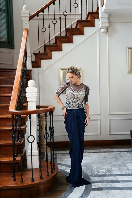 Model wearing Bluebell from Mysie by Tahira, a luxurious navy blue outfit with intricate beaded details, perfect for Pakistani luxury pret in the UK.