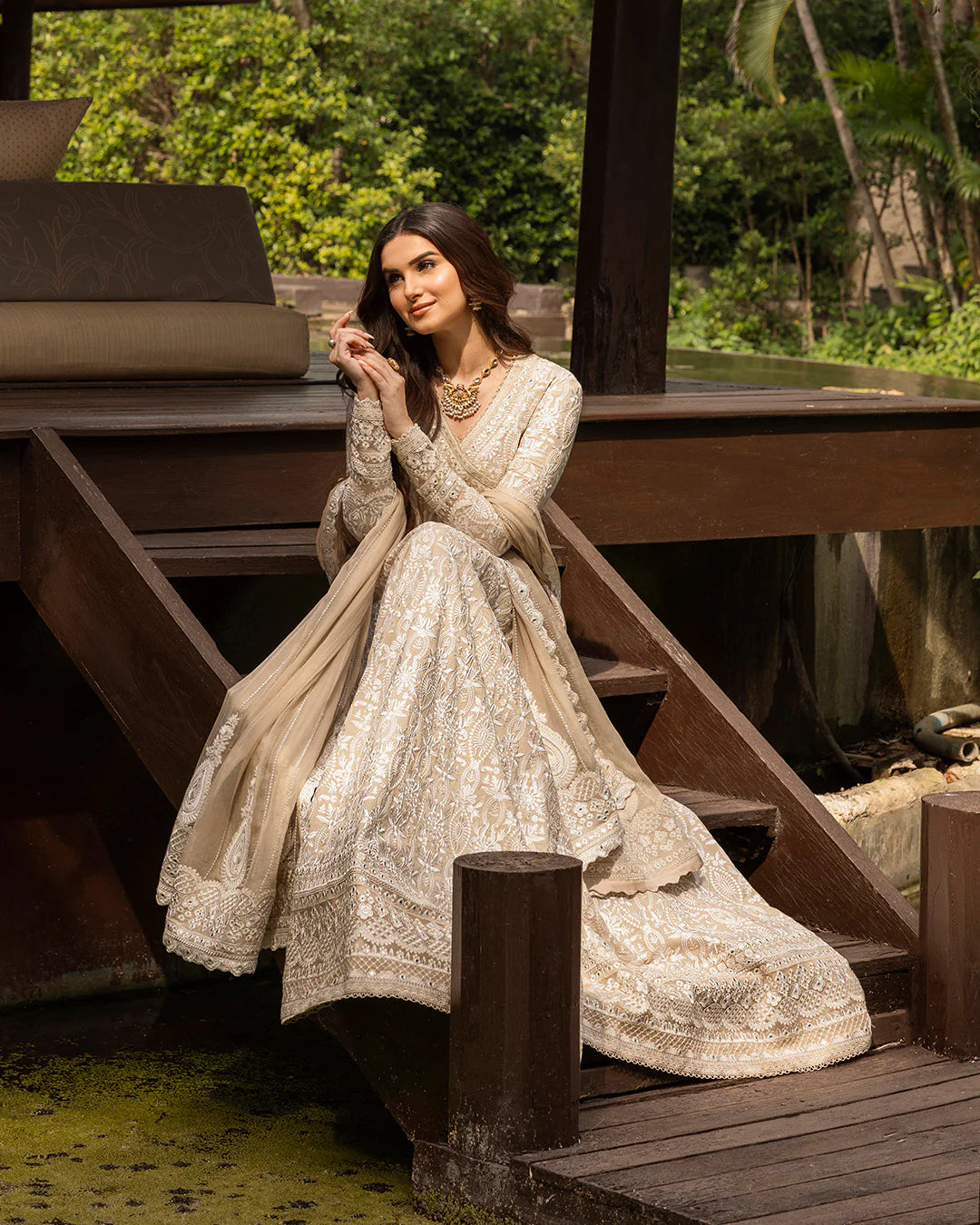 Model wearing ivory Ilima dress from Faiza Saqlain Zinnia collection, Pakistani Luxury pret, Pakistani clothes online in UK.