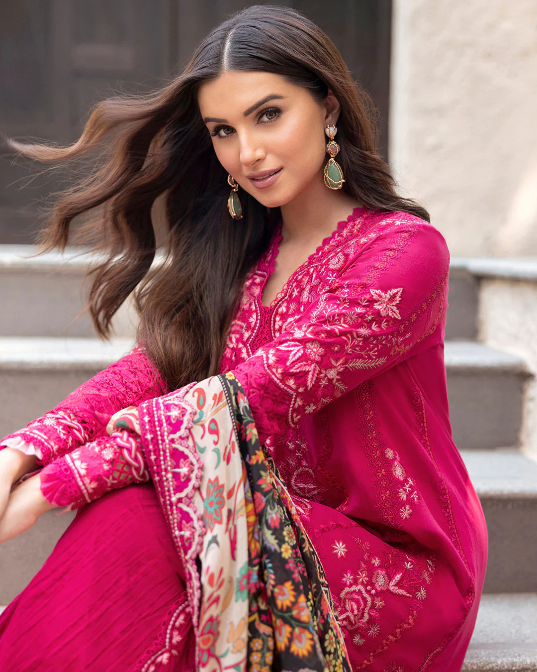 Model wearing vibrant pink Varda dress from Faiza Saqlain Zinnia, Pakistani Luxury pret, Pakistani clothes online in UK.