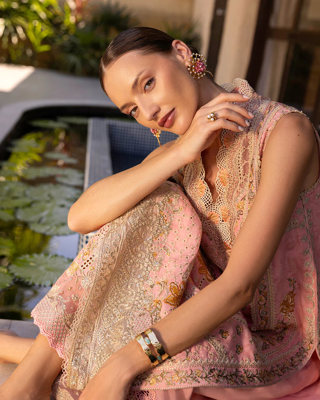 Model wearing peach and gold Peony dress from Faiza Saqlain Zinnia collection, Pakistani Luxury pret, Pakistani clothes online in UK.