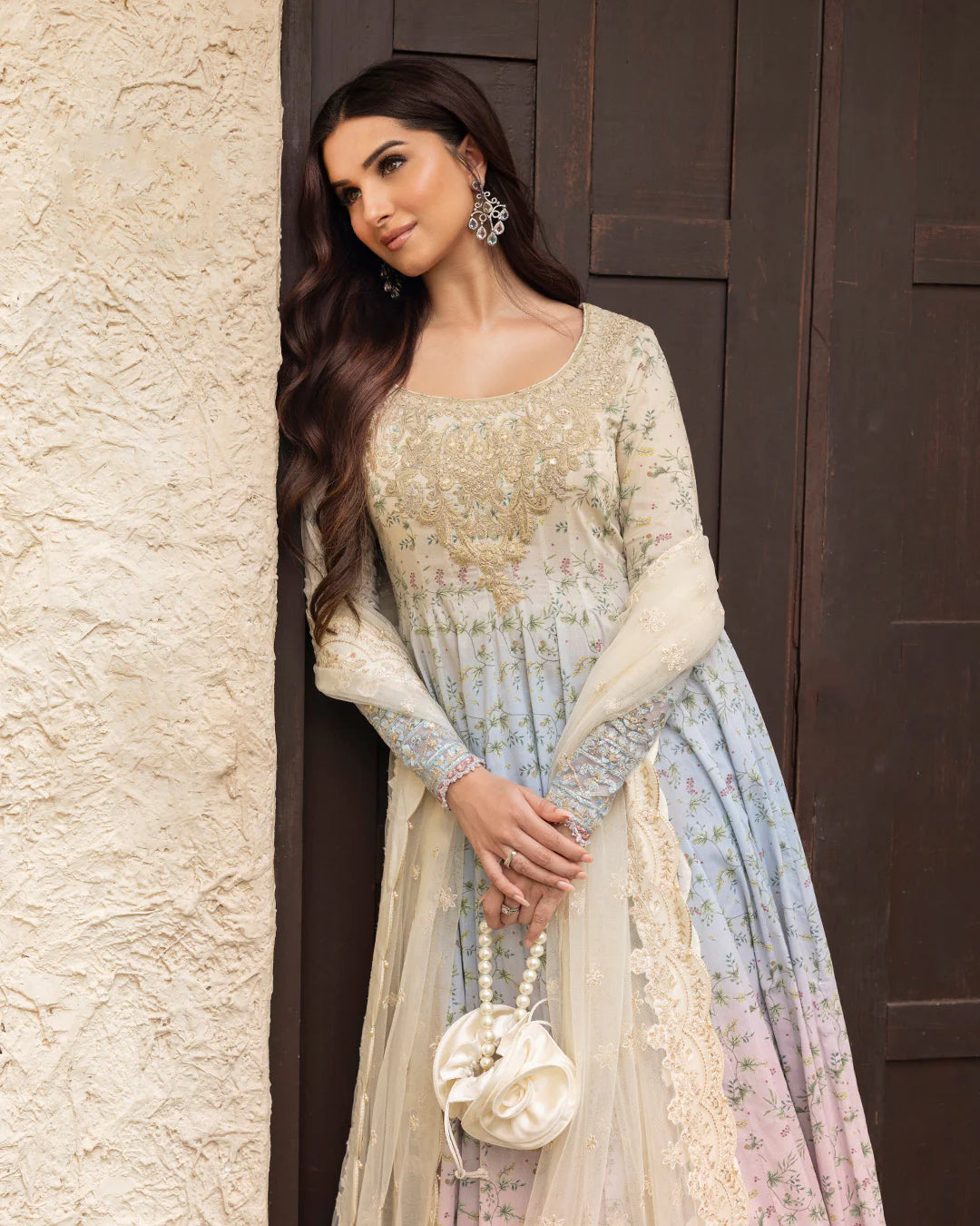 Model wearing pastel ombré Freesia dress from Faiza Saqlain Zinnia collection, Pakistani Luxury pret, Pakistani clothes online in UK.