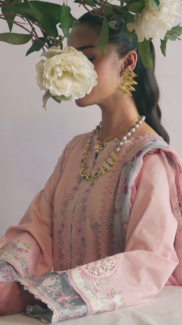 Model wearing peach DC-11 Hedi from Qalamkar Qlinekari Lawn '25, Pakistani Luxury pret, Pakistani clothes online in UK.