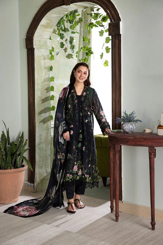 Model wearing black floral Design 5A from Sobia Nazir Vital '25 Vol. 2, Mushq Pakistani luxury pret and Pakistani clothes online in UK.