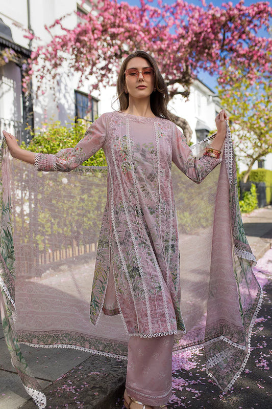 Model wearing pastel mauve printed Design 5A from Sobia Nazir SN Basics '25, Pakistani Luxury pret, Pakistani clothes online in UK.