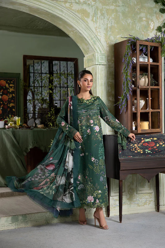 Model wearing dark green Design 5B outfit from Sobia Nazir Vital '25 Vol. 2, Pakistani luxury pret and Pakistani clothes online in UK.