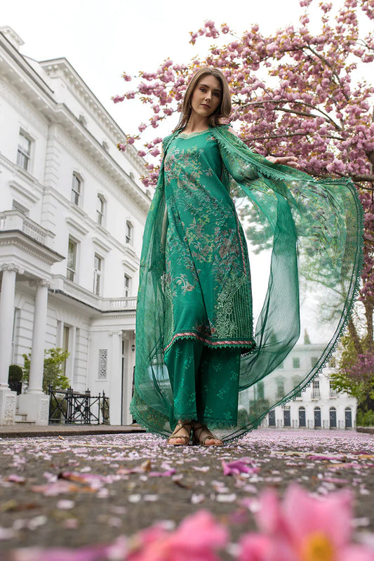 Model wearing emerald green printed Design 5B from Sobia Nazir SN Basics '25, Pakistani Luxury pret, Pakistani clothes online in UK.