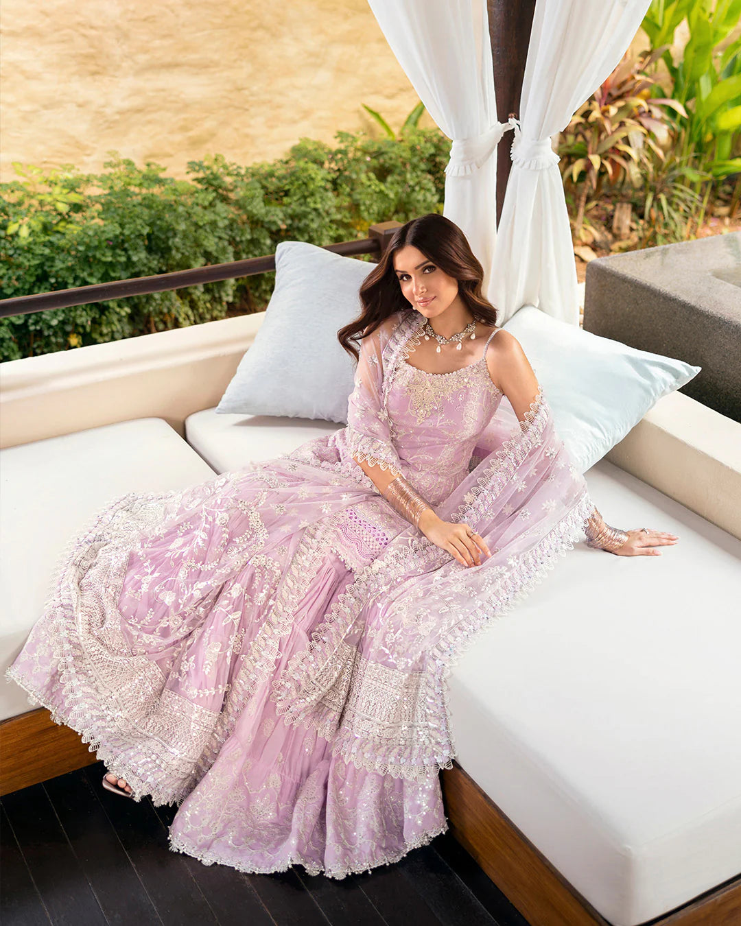 Model wearing lilac Soma dress from Faiza Saqlain Zinnia collection, Pakistani Luxury pret, Faiza Saqlain Pakistani clothes online in UK.