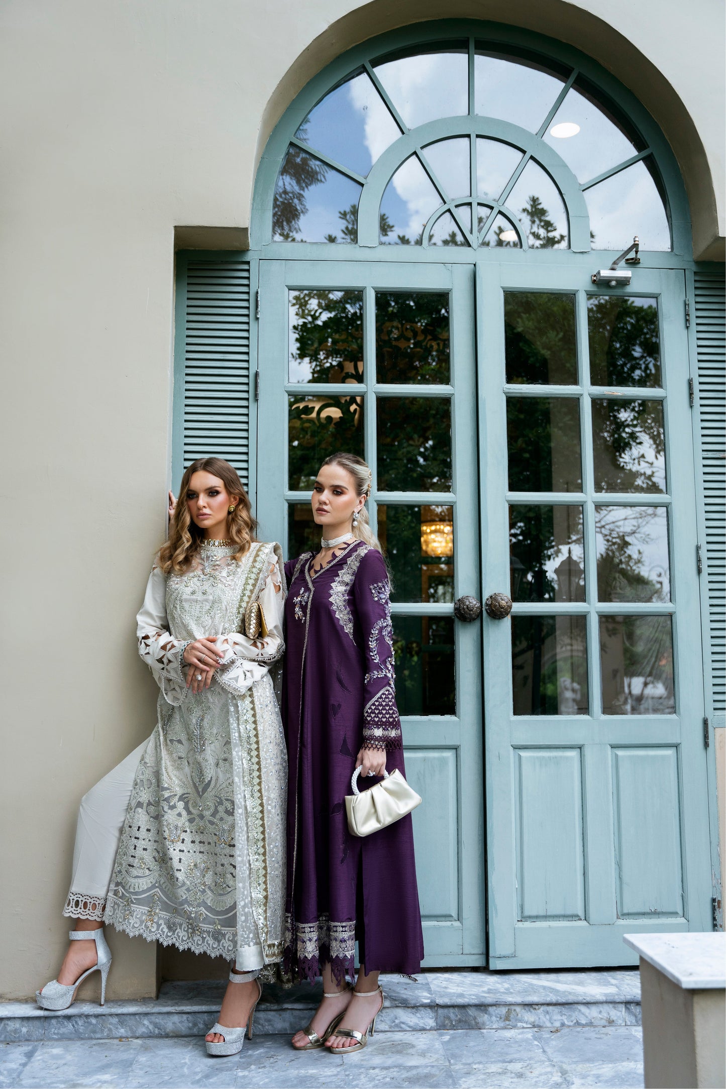 Model wearing Jamini from Mysie by Tahira, a purple embellished dress with a modern silhouette, perfect for Pakistani luxury pret in the UK.