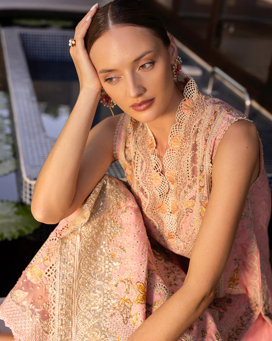 Model wearing peach and gold Peony dress from Faiza Saqlain Zinnia collection, Pakistani Luxury pret, Pakistani clothes online in UK.