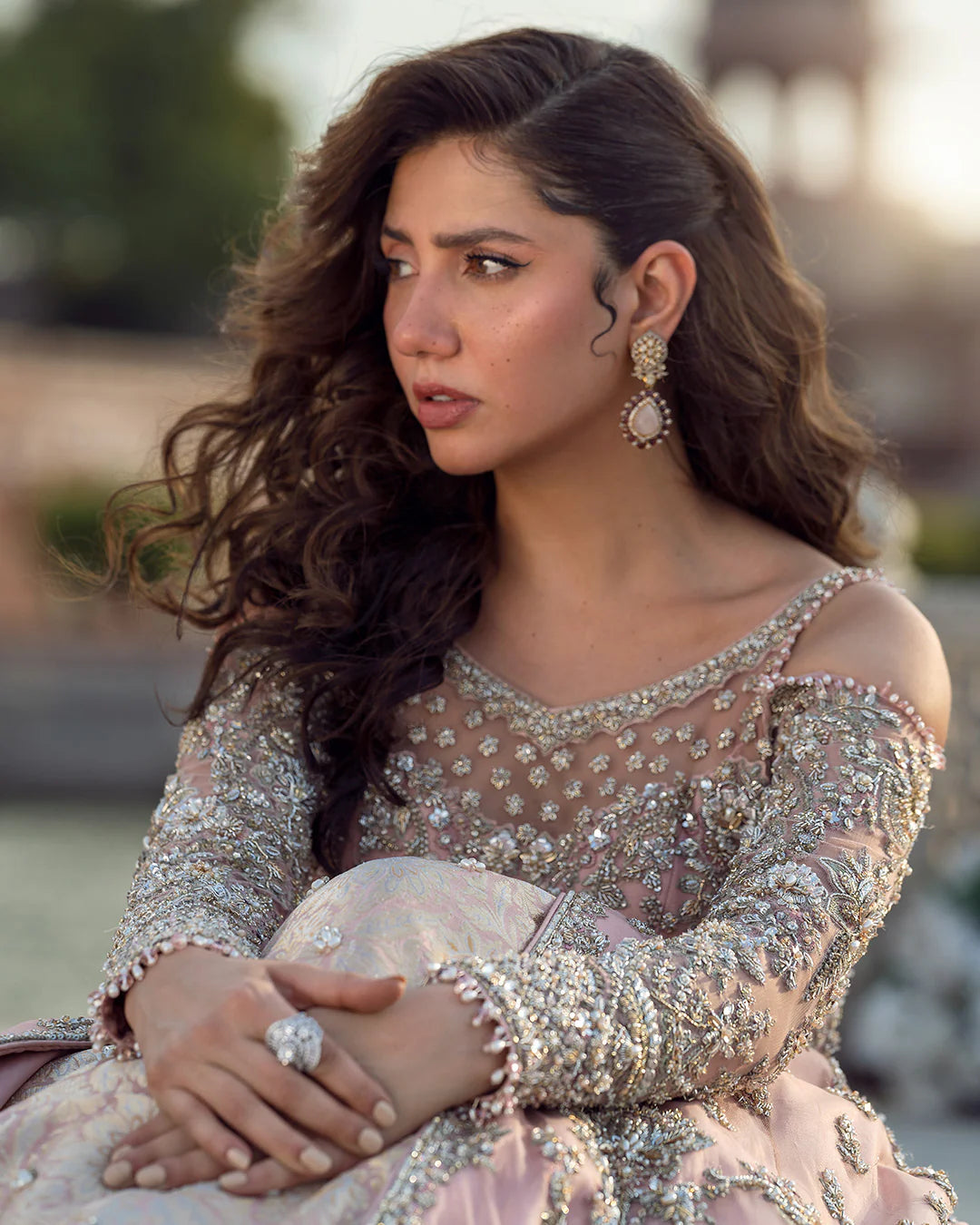 Model wearing dusty pink Aysana dress by Faiza Saqlain, Pakistani luxury pret online in UK for weddings and festive wear.