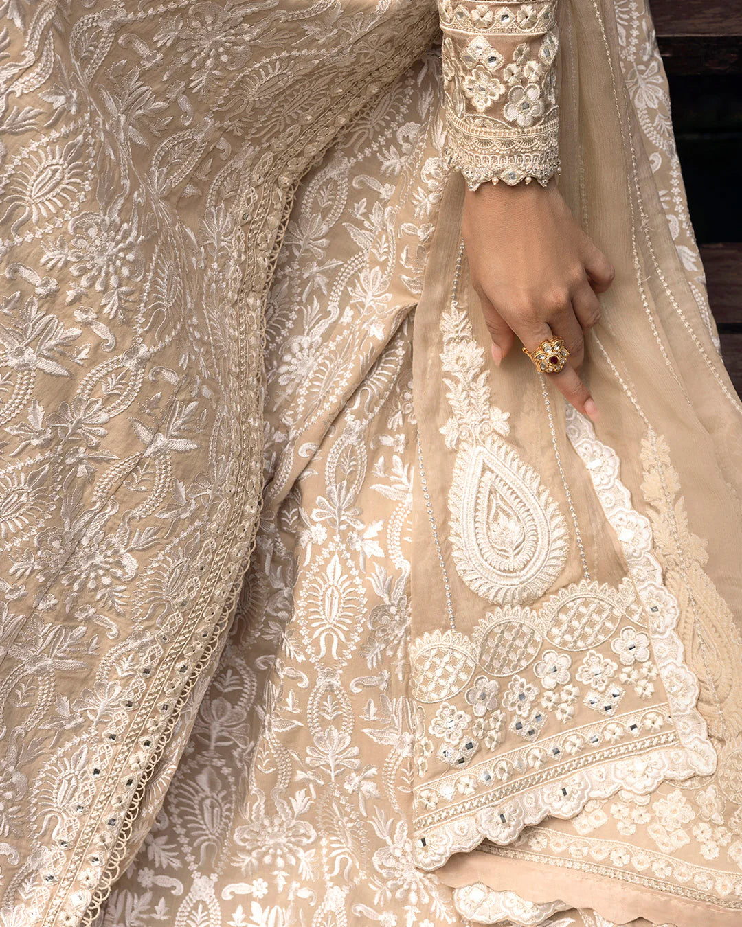 Model wearing ivory Ilima dress from Faiza Saqlain Zinnia collection, Pakistani Luxury pret, Pakistani clothes online in UK.