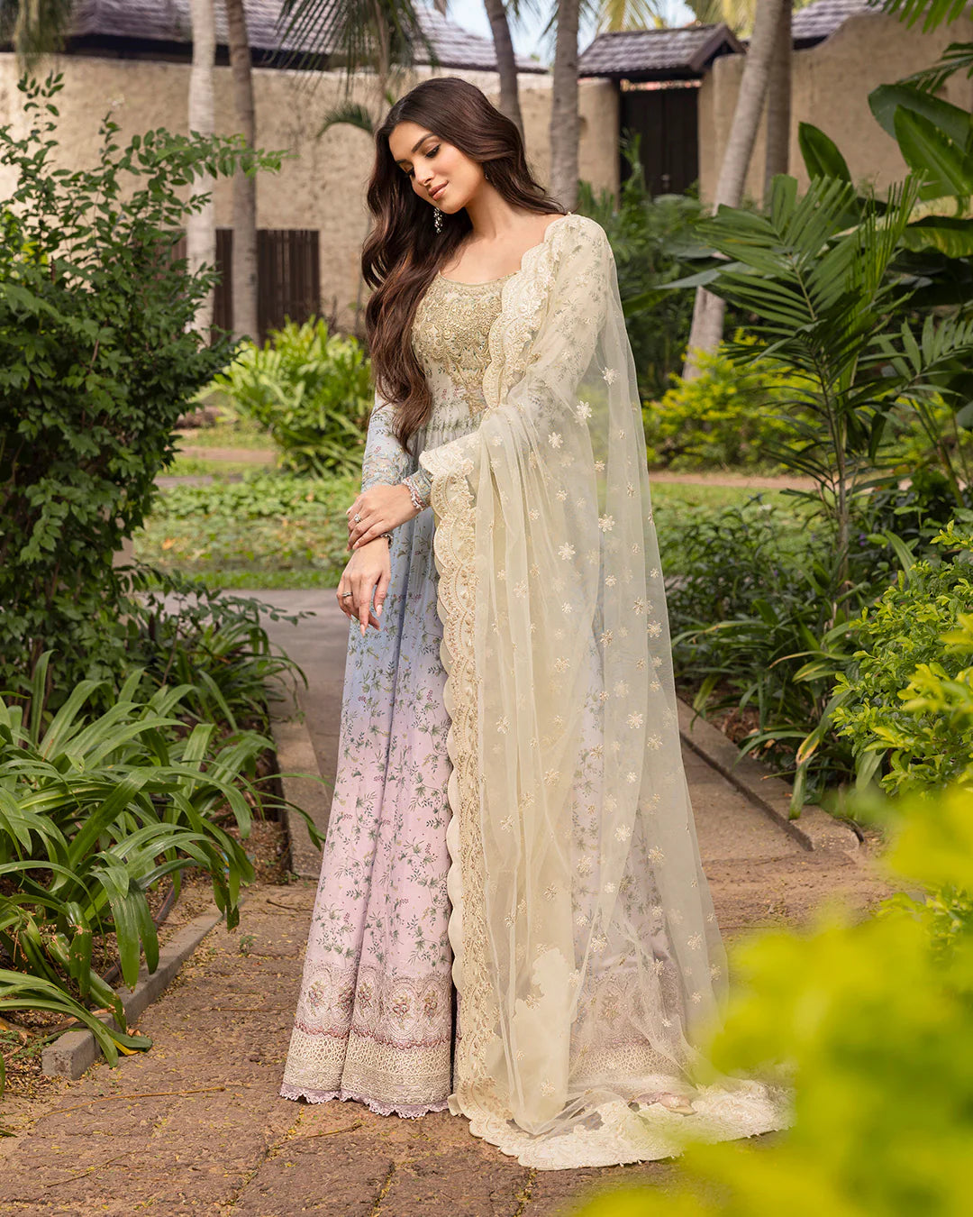 Model wearing pastel ombré Freesia dress from Faiza Saqlain Zinnia collection, Pakistani Luxury pret, Pakistani clothes online in UK.
