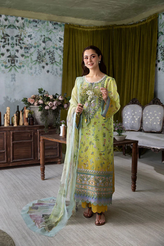 Model wearing lime green and yellow floral Design 6A outfit from Sobia Nazir Vital '25 Vol. 2, Pakistani luxury pret clothes online in UK.