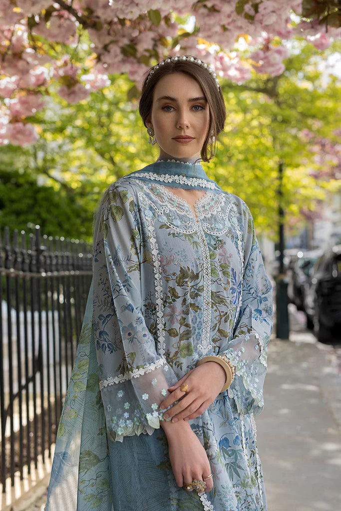 Model wearing pastel blue and green floral printed Design 6A dress from Sobia Nazir, Pakistani Casual Pret, Pakistani clothes online in UK.
