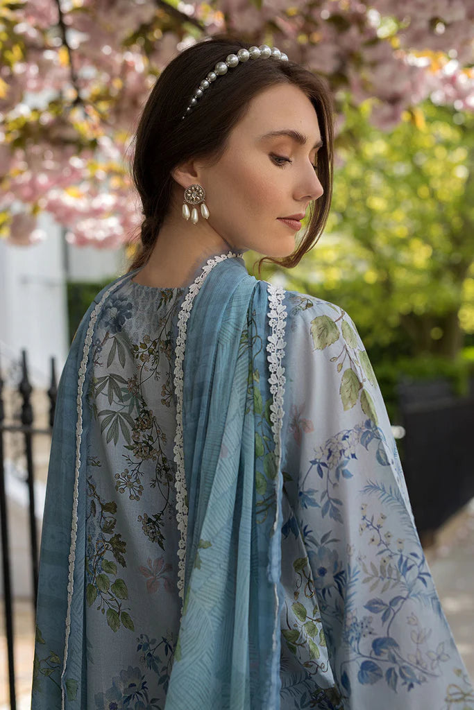 Model wearing pastel blue and green floral printed Design 6A dress from Sobia Nazir, Pakistani Casual Pret, Pakistani clothes online in UK.
