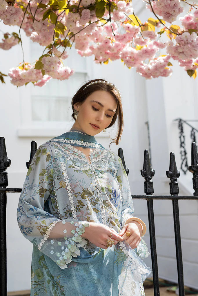 Model wearing pastel blue and green floral printed Design 6A dress from Sobia Nazir, Pakistani Casual Pret, Pakistani clothes online in UK.
