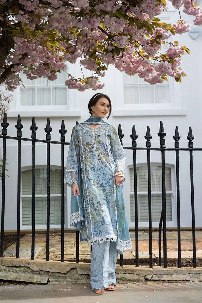 Model wearing pastel blue and green floral printed Design 6A dress from Sobia Nazir, Pakistani Casual Pret, Pakistani clothes online in UK.
