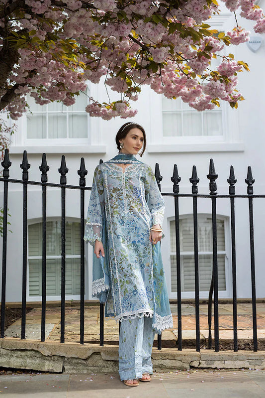 Model wearing pastel blue and green floral printed Design 6A dress from Sobia Nazir, Pakistani Casual Pret, Pakistani clothes online in UK.
