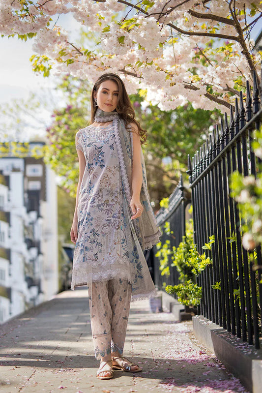 Model wearing pastel grey and blue floral printed Design 6B dress from Sobia Nazir, Pakistani Casual Pret, Pakistani clothes online in UK.
