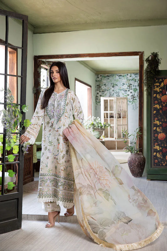 Model wearing cream and pastel Design 6B outfit from Sobia Nazir Vital '25 Vol. 2, Pakistani luxury pret and Pakistani clothes online in UK.