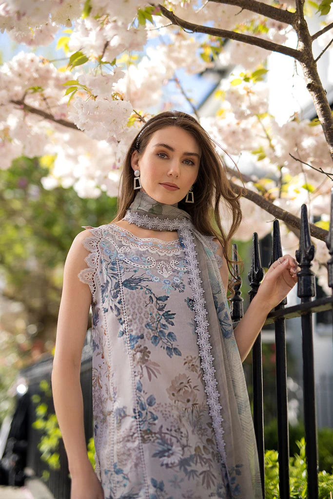 Model wearing pastel grey and blue floral printed Design 6B dress from Sobia Nazir, Pakistani Casual Pret, Pakistani clothes online in UK.
