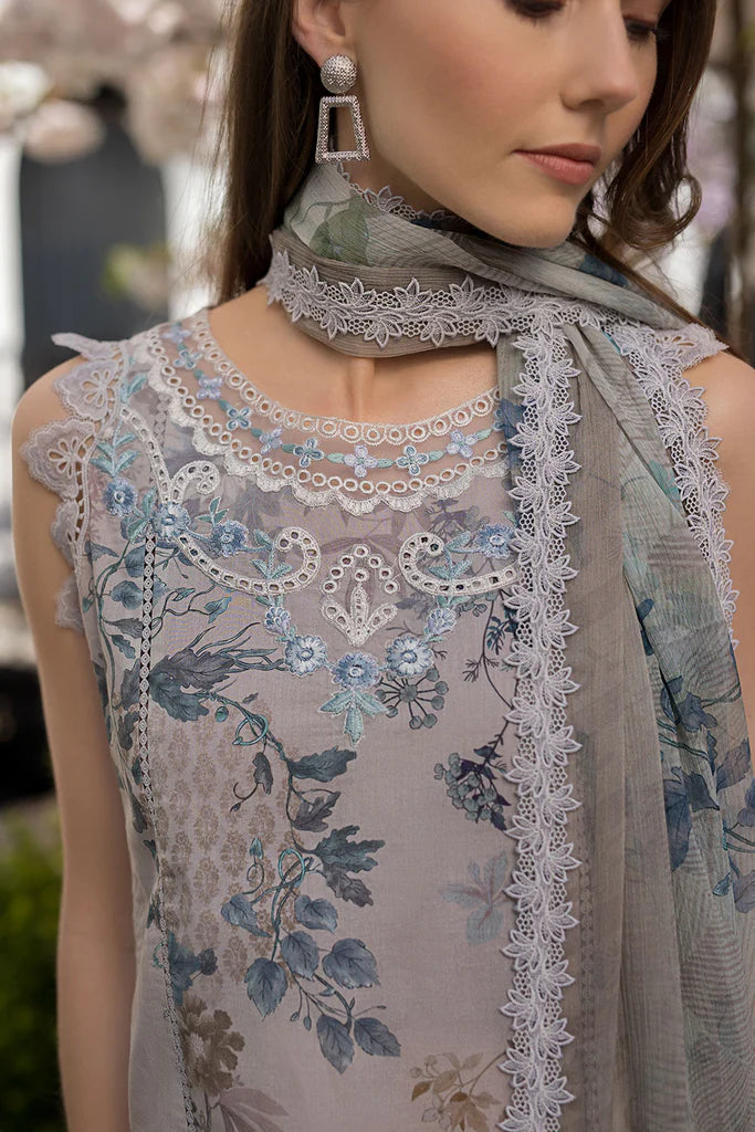 Model wearing pastel grey and blue floral printed Design 6B dress from Sobia Nazir, Pakistani Casual Pret, Pakistani clothes online in UK.
