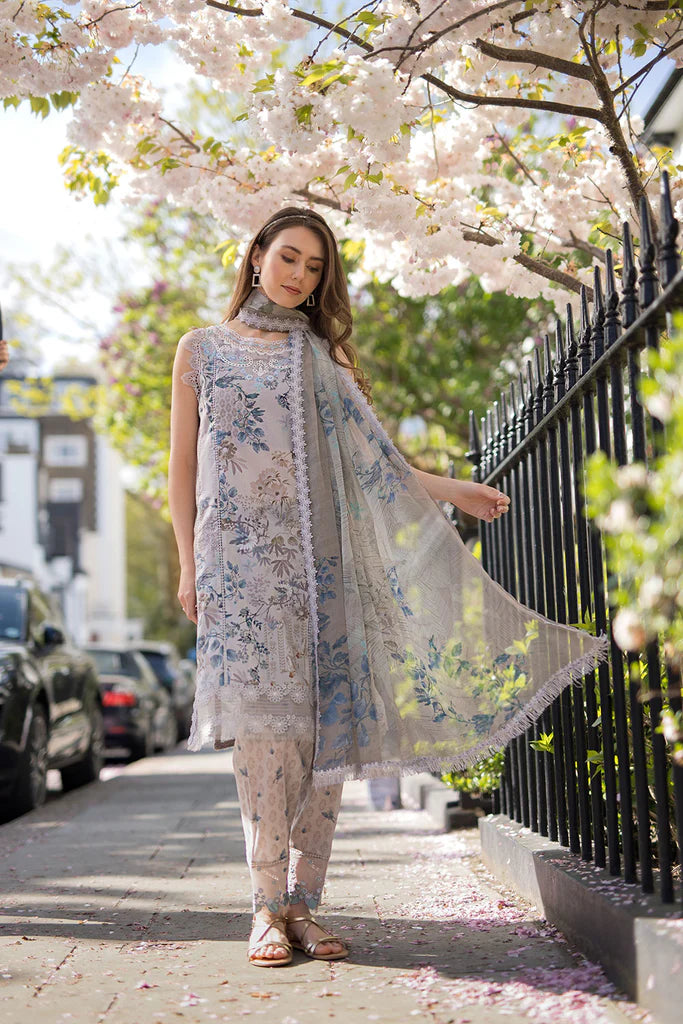 Model wearing pastel grey and blue floral printed Design 6B dress from Sobia Nazir, Pakistani Casual Pret, Pakistani clothes online in UK.
