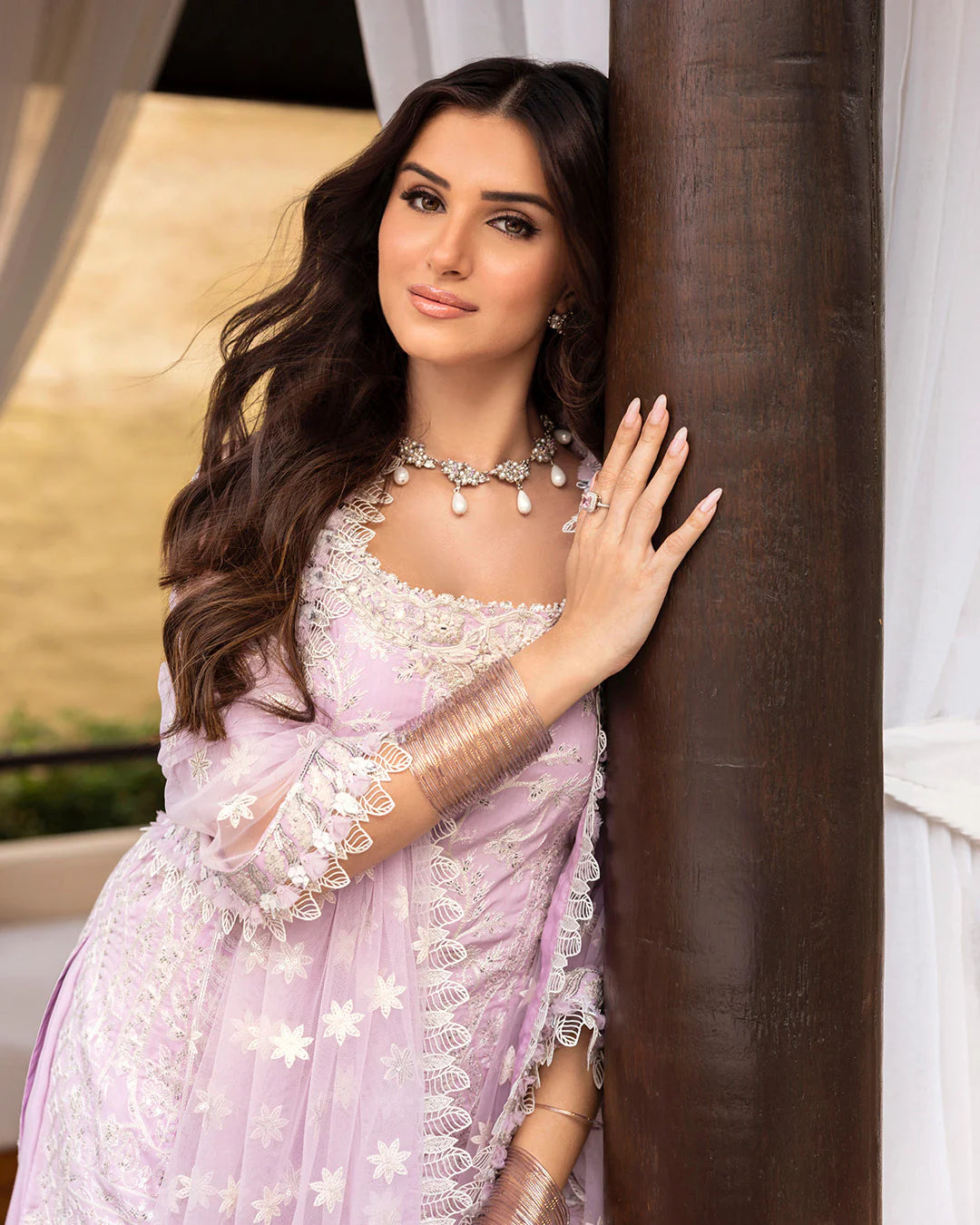 Model wearing lilac Soma dress from Faiza Saqlain Zinnia collection, Pakistani Luxury pret, Faiza Saqlain Pakistani clothes online in UK.