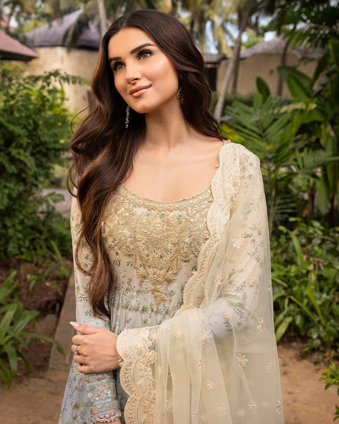 Model wearing pastel ombré Freesia dress from Faiza Saqlain Zinnia collection, Pakistani Luxury pret, Pakistani clothes online in UK.
