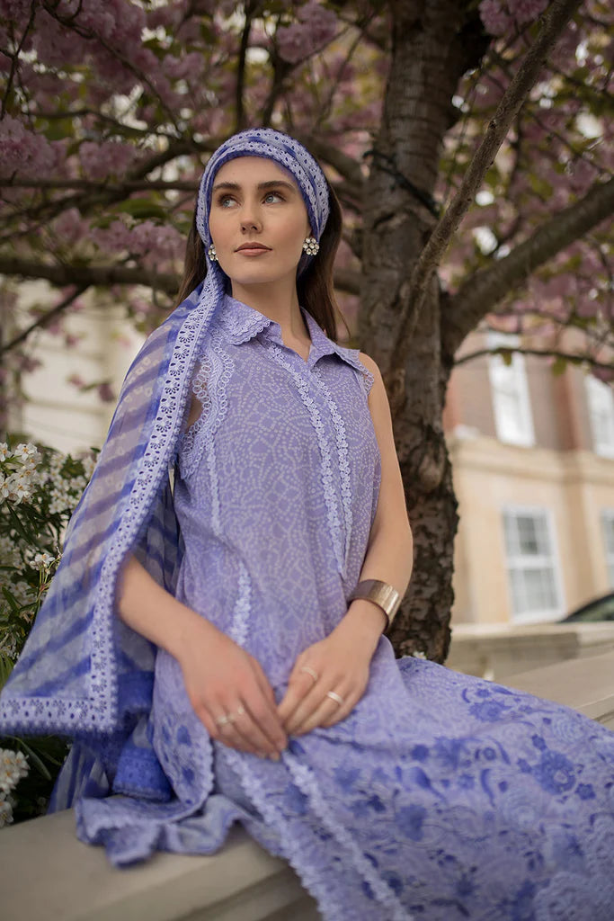 Model wearing lavender blue sleeveless Design 7A from Sobia Nazir SN Basics '25, Pakistani Luxury pret, Pakistani clothes online in UK.