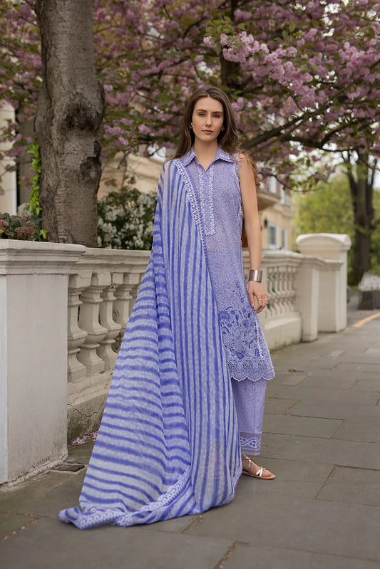 Model wearing lavender blue sleeveless Design 7A from Sobia Nazir SN Basics '25, Pakistani Luxury pret, Pakistani clothes online in UK.