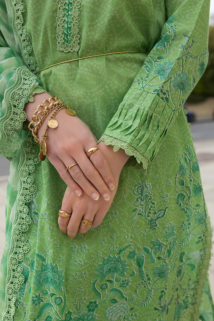 Model wearing light green printed Design 7B from Sobia Nazir SN Basics '25, Pakistani Luxury pret, Pakistani clothes online in UK.
