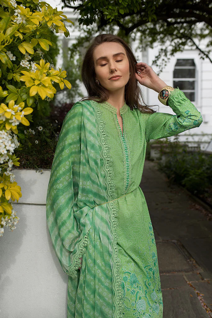 Model wearing light green printed Design 7B from Sobia Nazir SN Basics '25, Pakistani Luxury pret, Pakistani clothes online in UK.