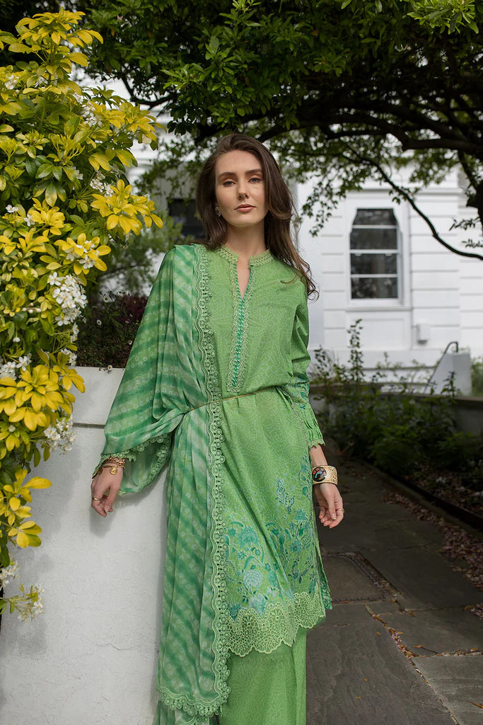 Model wearing light green printed Design 7B from Sobia Nazir SN Basics '25, Pakistani Luxury pret, Pakistani clothes online in UK.