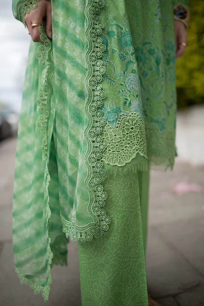 Model wearing light green printed Design 7B from Sobia Nazir SN Basics '25, Pakistani Luxury pret, Pakistani clothes online in UK.