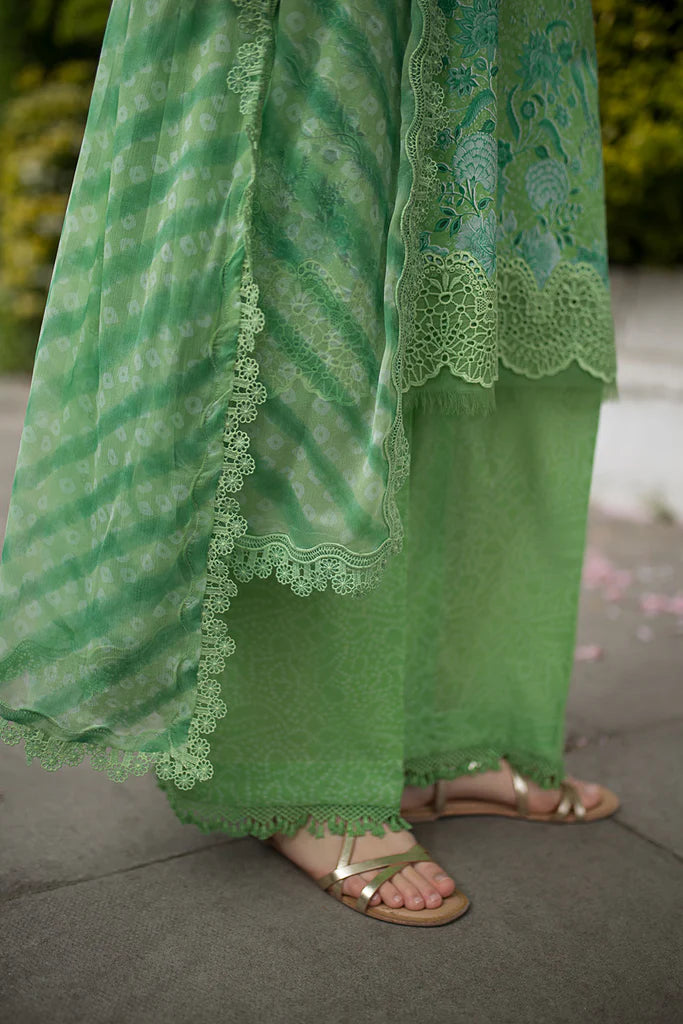 Model wearing light green printed Design 7B from Sobia Nazir SN Basics '25, Pakistani Luxury pret, Pakistani clothes online in UK.