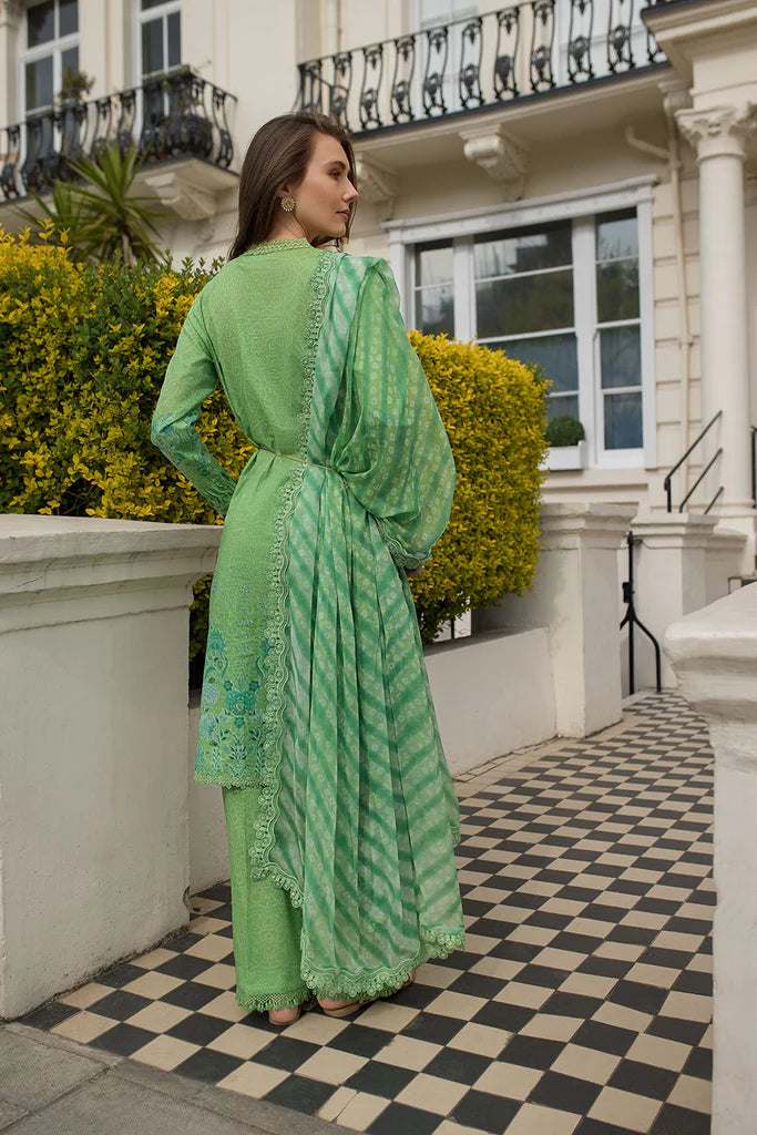 Model wearing light green printed Design 7B from Sobia Nazir SN Basics '25, Pakistani Luxury pret, Pakistani clothes online in UK.